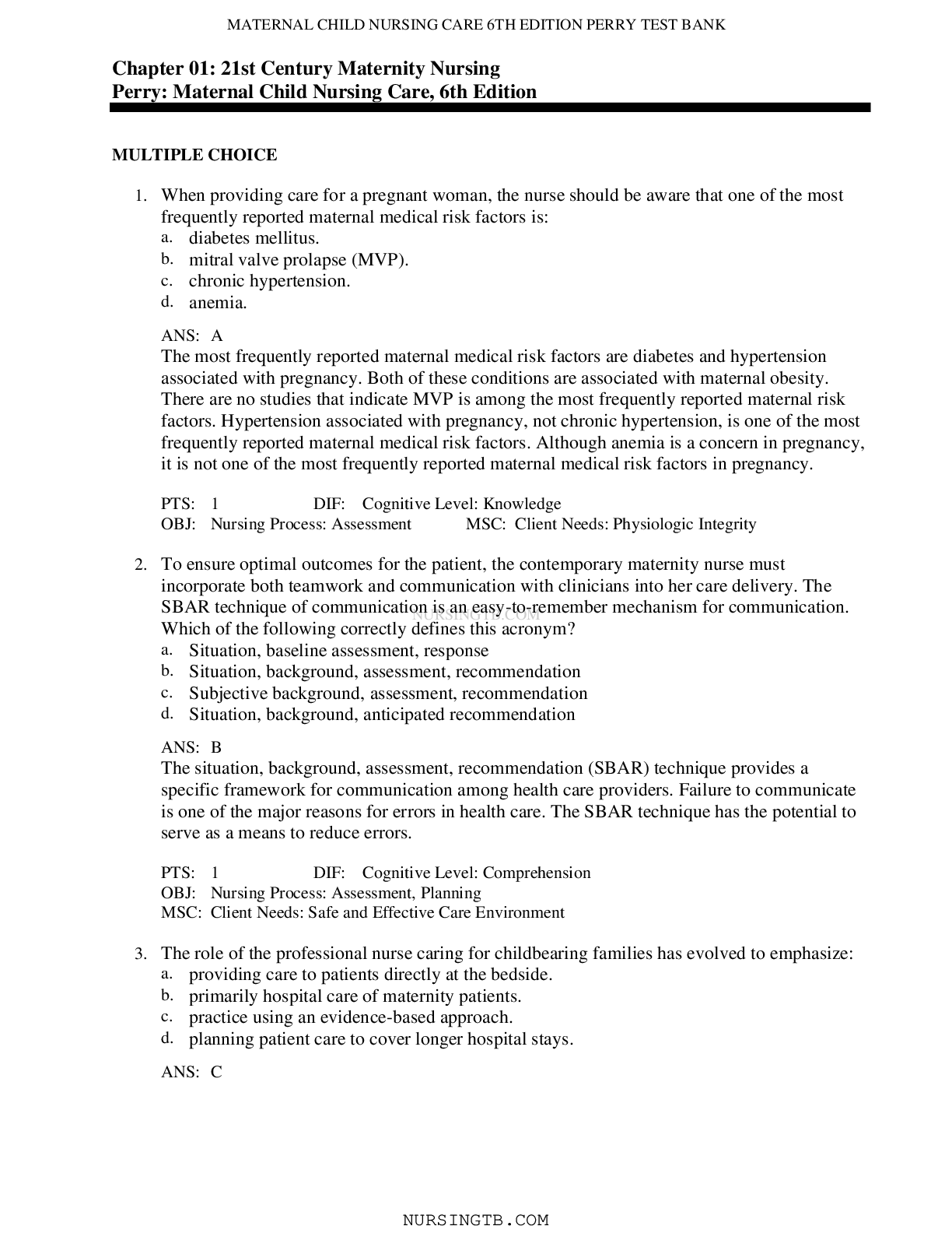 Preview image for MATERNAL CHILD NURSING CARE 6TH EDITION PERRY Ch1-49 TEST BANK